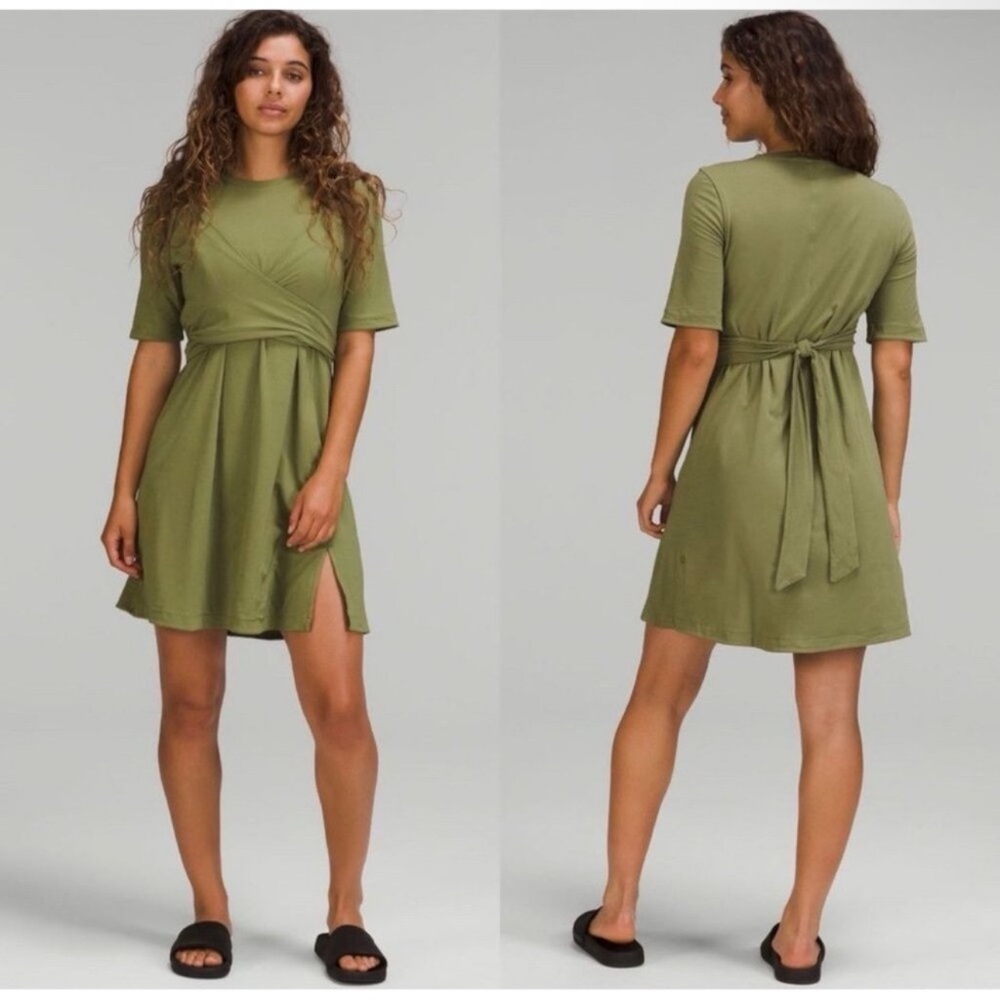 NWT $106 Lululemon Cotton Wrap Front T-Shirt Dress Size 2 Bronze Green